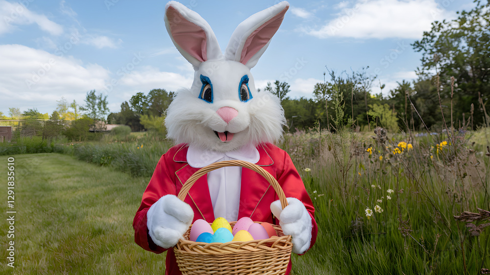 Easter Bunny in Red Suit Holding a Basket of Colorful Eggs in a Spring Meadow