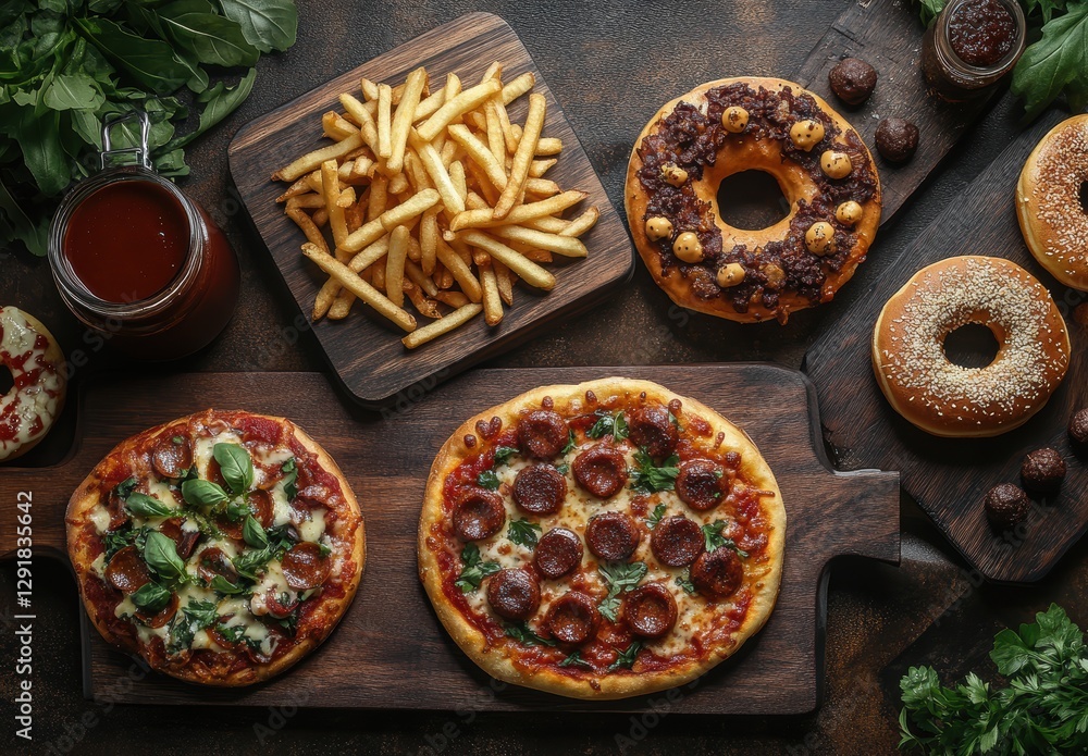 Fototapeta premium Delicious assortment of pizza, fries, donuts, and drinks arranged on rustic wooden boards for a mouthwatering food spread photography