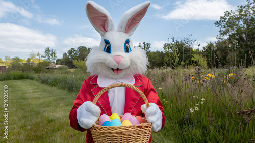 Obraz na płótnie Easter Bunny in Red Suit Holding a Basket of Colorful Eggs in a Spring Meadow w salonie