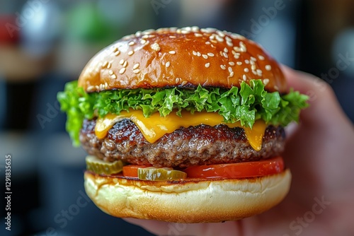 Hand Holding a Delicious Cheeseburger With Fresh Toppings in a Casual Dining ...