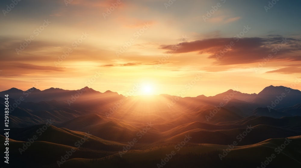 Fototapeta premium Breathtaking mountain landscape at sunset with dramatic sky and golden sunlight