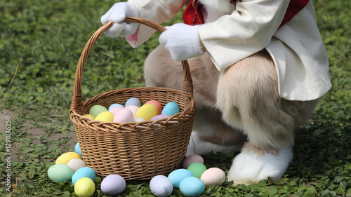 Person dressed as Easter Bunny holding a basket of colorful easter eggs outdoors