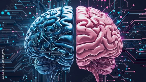 A digital artwork of a human brain divided into two contrasting halves.