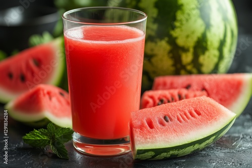 Refreshing Watermelon Juice Served With Fresh Slices and Whole Melons Outdoors