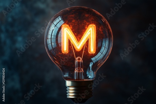 Illuminated Letter M in Vintage Light Bulb With Glowing Filament in Dark Setting