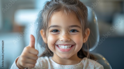 Smiling girl giving thumbs up at the dentist for happy dental visit