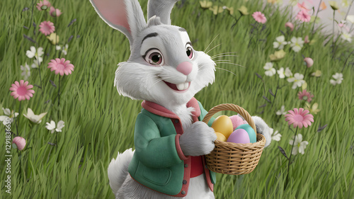 Obraz na płótnie Adorable Easter Bunny in a green coat holding a basket of colorful eggs – 3D illustration w salonie