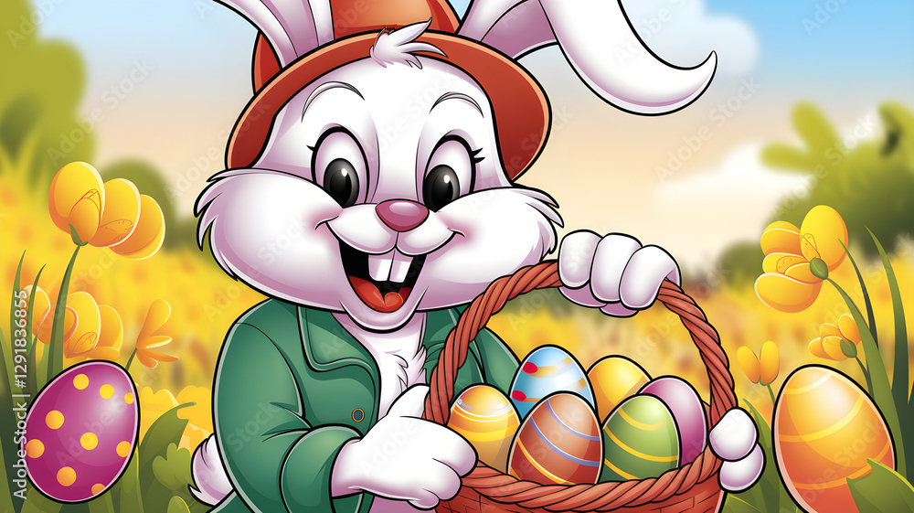 Cheerful Easter Bunny with basket of colorful eggs – Cartoon illustration