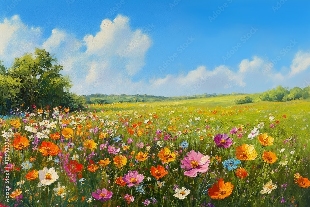 Vibrant Wildflower Meadow Under a Bright Blue Sky With Fluffy Clouds in Springtime Vibrant Wildflower Meadow Under a Bright Blue Sky With Fluffy Clouds in Springtime
