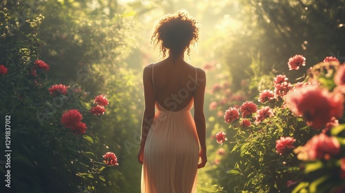 Woman Walking Through a Blooming Rose Garden During Golden Hour