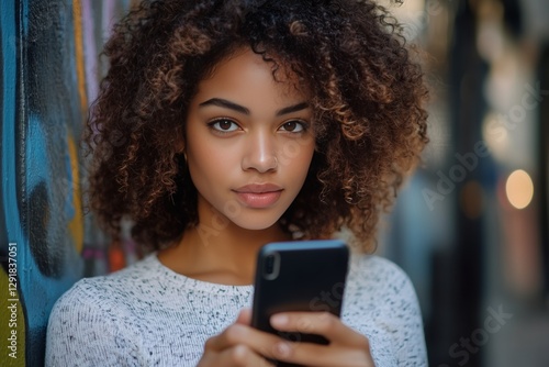 Young Woman With Curly Hair Using Smartphone Outdoors in Urban Environment