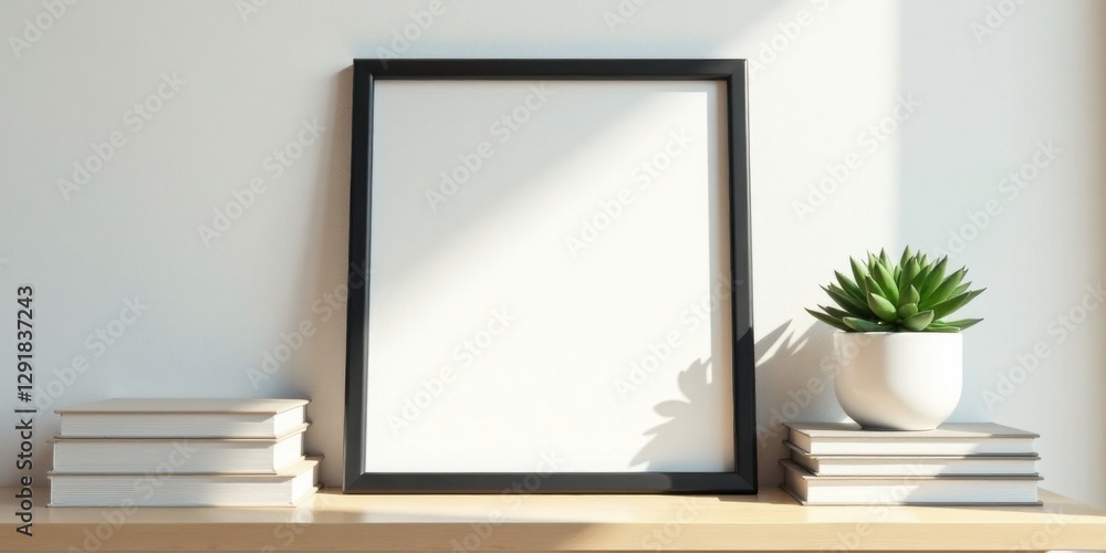 Blank Frame Mockup with Books and Succulent on a Shelf in Sunlight
