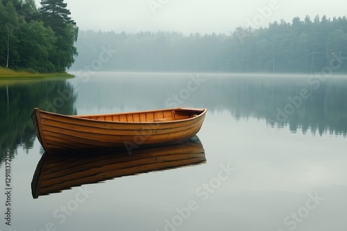 Serene Wooden Boat Floating on Calm Lake Surrounded by Misty Forest at Dawn