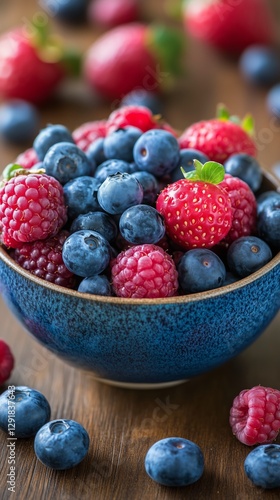 Fresh Mixed Berries in a Blue Bowl on a Wooden Table During Daylight Hours