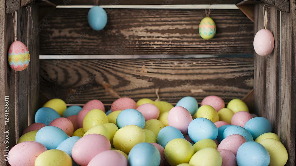 Pastel Easter eggs in rustic wooden crate with hanging decorations – Vintage spring holiday theme