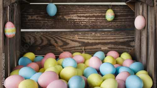 Obraz na płótnie Pastel Easter eggs in rustic wooden crate with hanging decorations – Vintage spring holiday theme w salonie