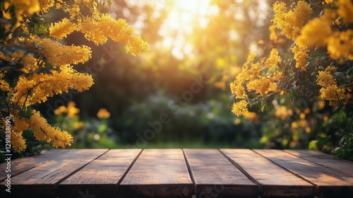 Sunlight Filtering Through Blooming Yellow Flowers on a Wooden Table in a Garden