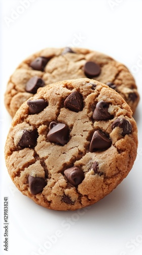 Delicious Homemade Chocolate Chip Cookies on a White Background for Dessert L...