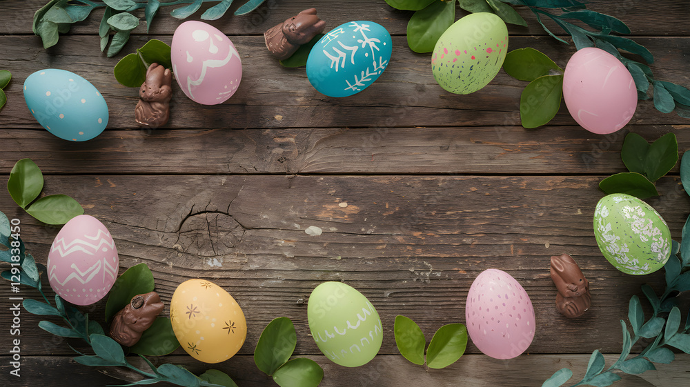 Pastel Easter eggs and chocolate bunnies arranged on rustic wooden background with greenery – Spring holiday concept