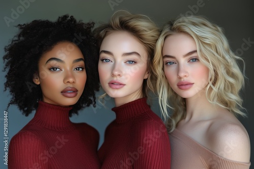 Three Women Posing Together in Stylish Black Outfits Surrounded by Greenery