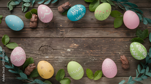 Obraz na płótnie Pastel Easter eggs and chocolate bunnies arranged on rustic wooden background with greenery – Spring holiday concept w salonie