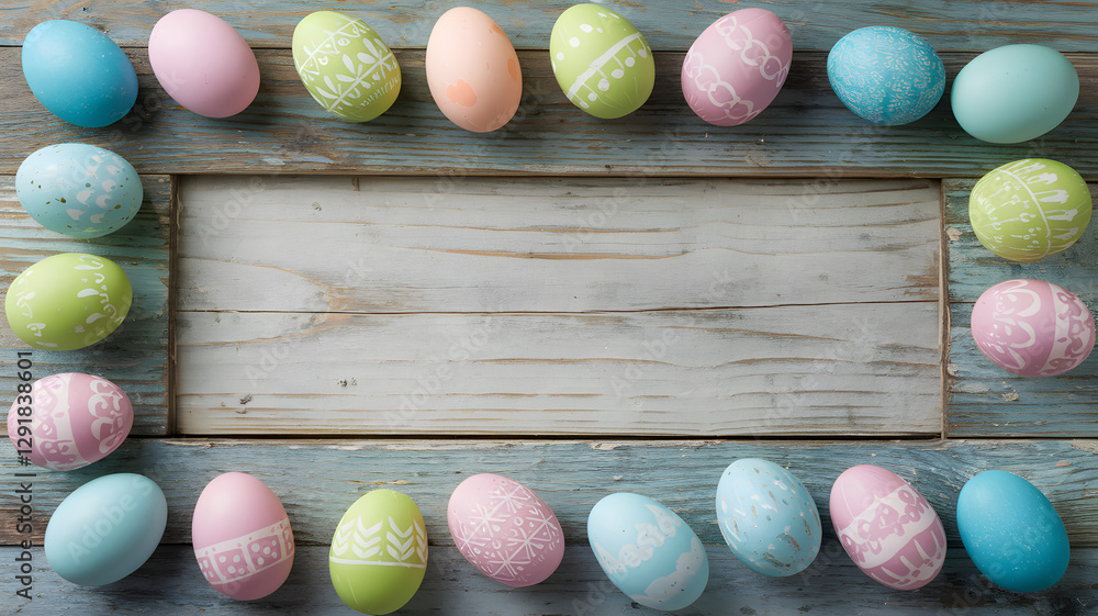 Pastel Easter eggs with intricate designs arranged in a wooden frame with copy space – Rustic spring holiday background