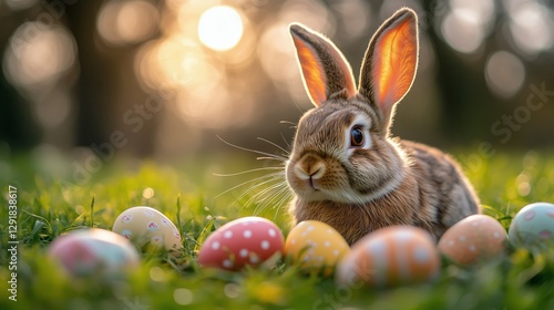 Cute Rabbit Surrounded by Colorful Easter Eggs in a Sunny Outdoor Setting Dur...