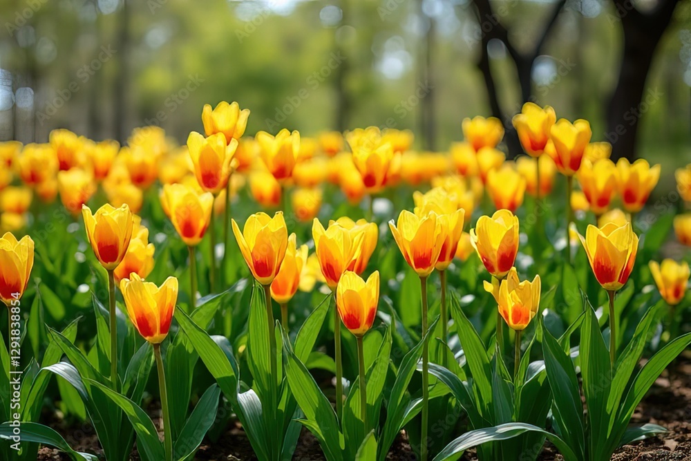 Obraz premium Vibrant Yellow and Orange Tulips in a Spring Garden