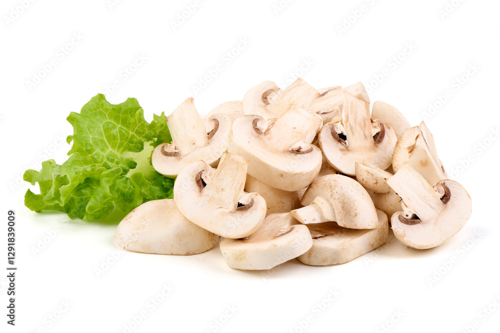 Fototapeta premium White champignons mushrooms, isolated on white background.