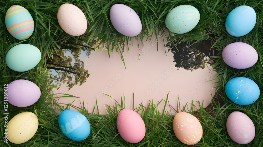 Colorful Easter eggs arranged in grass with water reflection and copy space – Spring holiday background