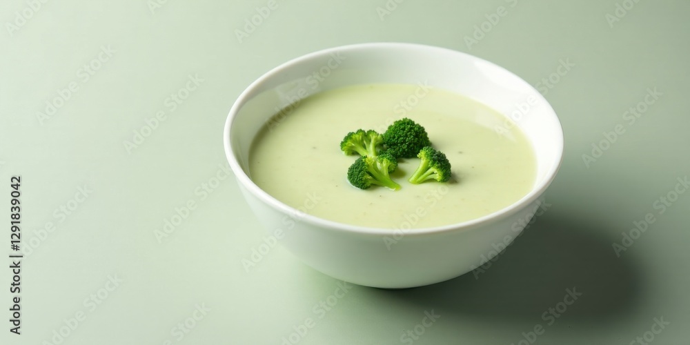 Creamy broccoli soup in a white bowl on a pale green surface, a simple and elegant presentation of healthy and delicious food Creamy broccoli soup in a white bowl on a pale green surface, a simple and elegant presentation of healthy and delicious food