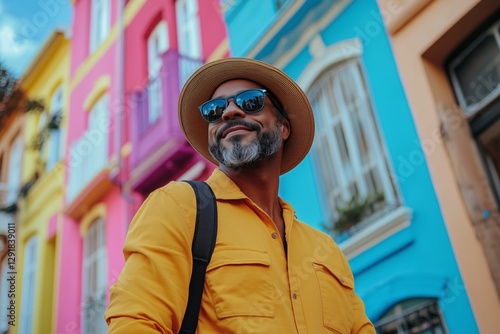 Vibrant City Exploration With a Man in Sunglasses and a Straw Hat Enjoying Co...