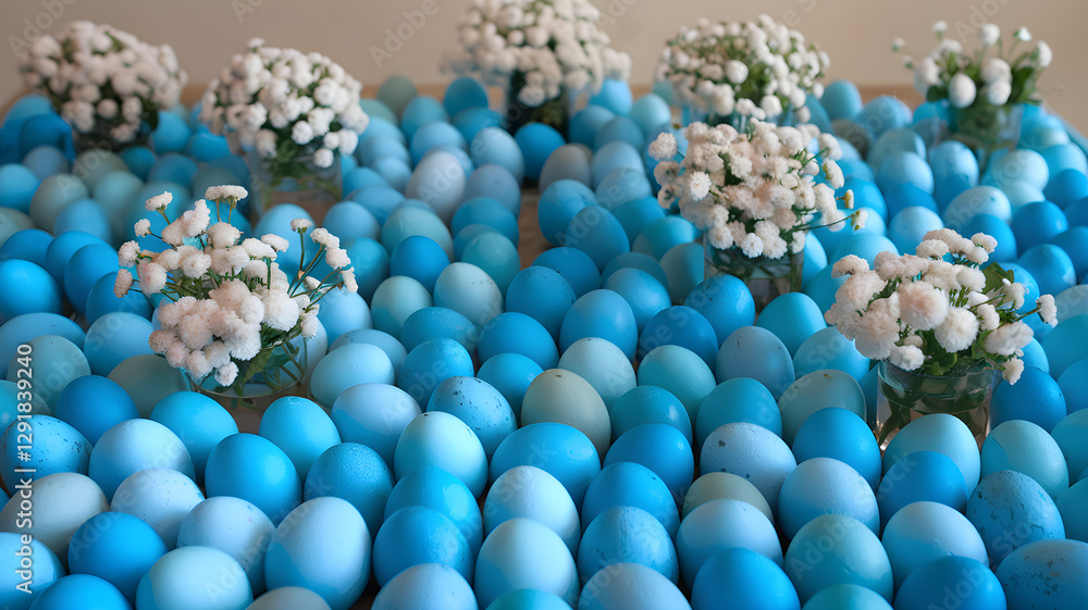 Blue Easter eggs with white flowers in glass vases – Elegant spring holiday decoration