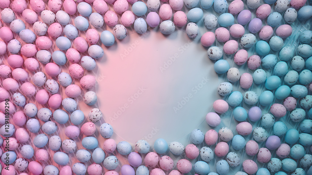 Pastel pink and blue Easter eggs arranged in circular frame with copy space – Spring holiday background