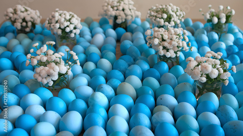 Obraz na płótnie Blue Easter eggs with white flowers in glass vases – Elegant spring holiday decoration w salonie