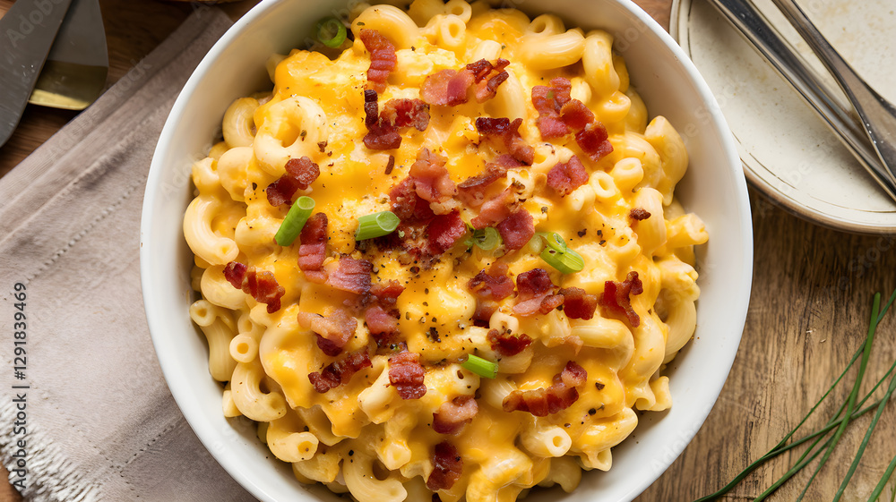 Creamy mac and cheese with crispy bacon and green onions in a white bowl – Classic comfort food on rustic wooden table