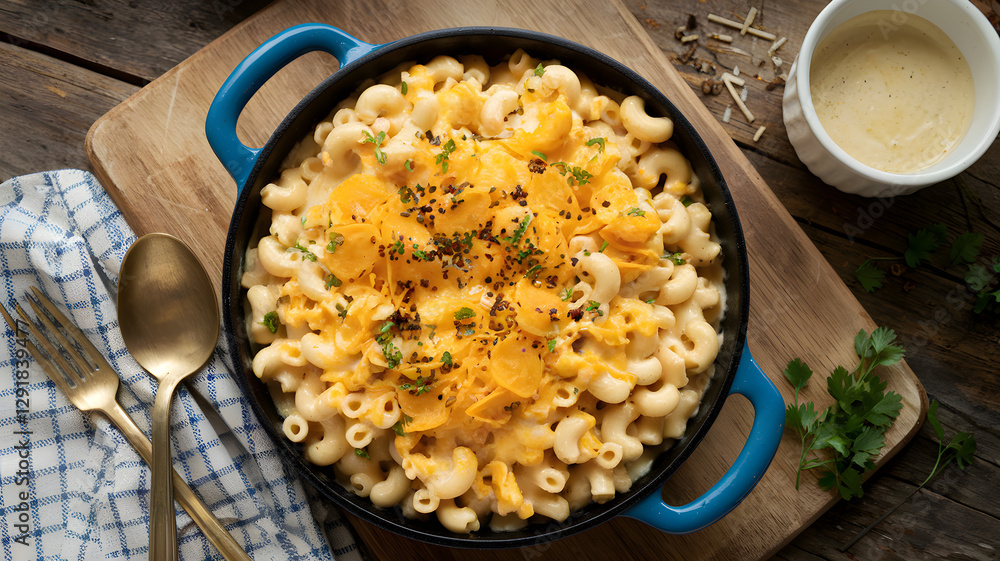 Homemade creamy mac and cheese topped with melted cheddar cheese in a blue cast iron skillet, garnished with fresh parsley on rustic wooden background - Comfort food concept