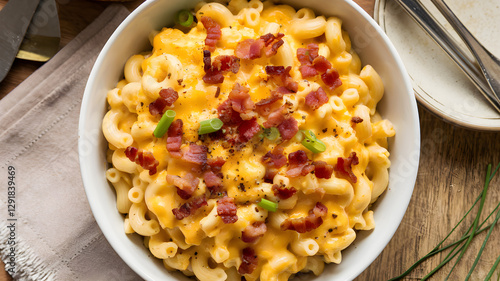 Obraz na płótnie Creamy mac and cheese with crispy bacon and green onions in a white bowl – Classic comfort food on rustic wooden table w salonie