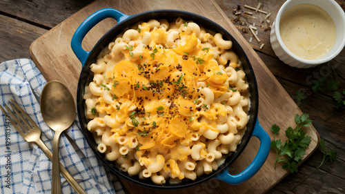 Homemade creamy mac and cheese topped with melted cheddar cheese in a blue cast iron skillet, garnished with fresh parsley on rustic wooden background - Comfort food concept