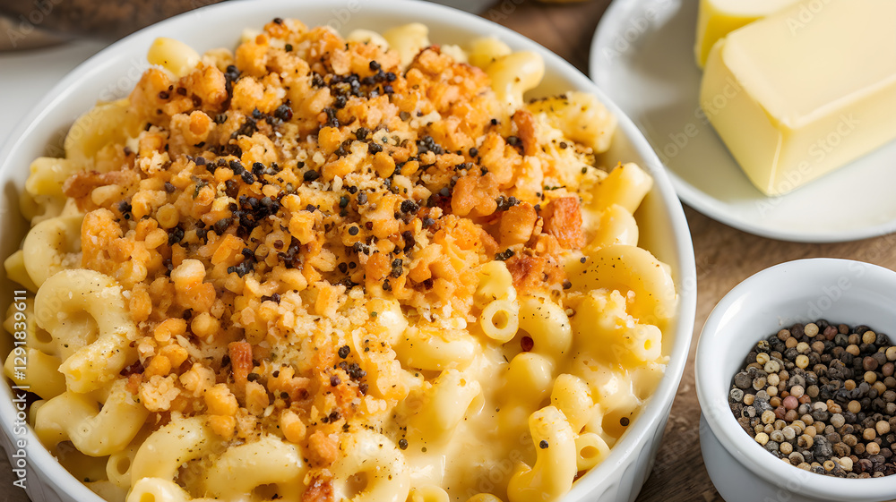 Creamy baked mac and cheese with crispy breadcrumb topping in white bowl – Classic comfort food with butter and peppercorns