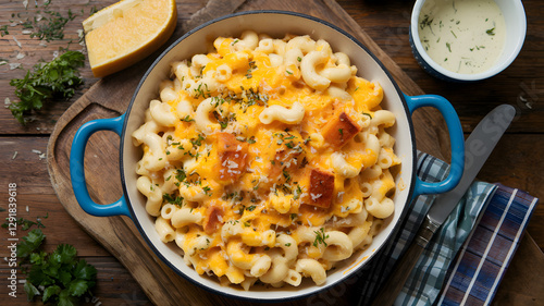 Obraz na płótnie Homemade baked mac and cheese with crispy croutons and melted cheddar in blue cast iron pot – Comfort food on rustic wooden table w salonie