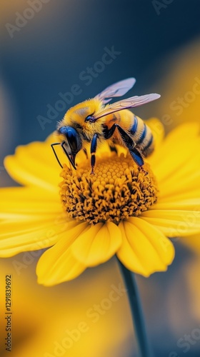 Bee Pollinating a Yellow Flower in a Blooming Garden During Spring