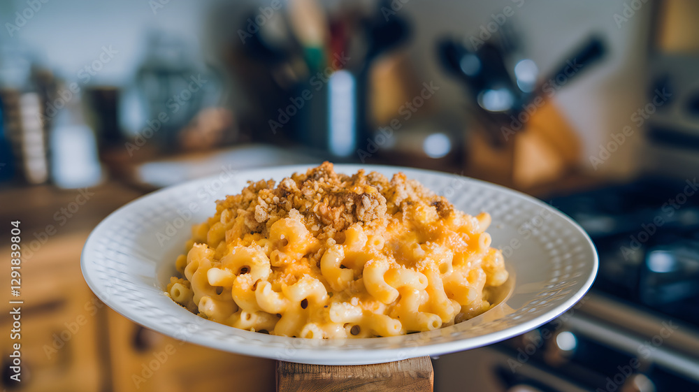 Homemade baked mac and cheese with crispy breadcrumb topping served on a white plate in cozy kitchen setting