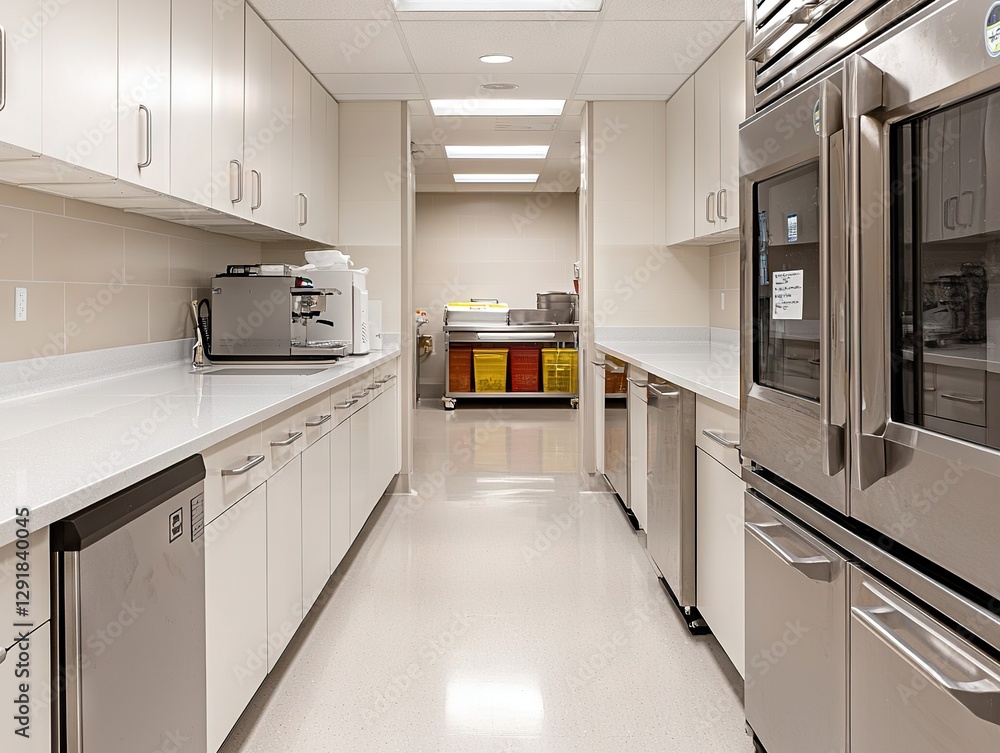 Fototapeta premium Contemporary kitchen design stainless steel appliances in a minimalist commercial space - wide angle perspective