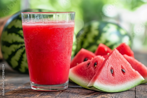 Refreshing Watermelon Juice Served With Fresh Slices and Whole Melons Outdoors