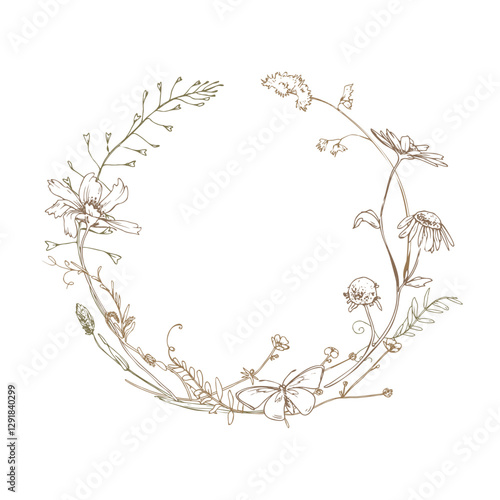 Field, meadow, wild flowers and herbs cosmos, chamomile, clover and insects. Line art is a simple hand-drawn illustration in beige, ochre, brown ink. Circle wreath frame vector EPS