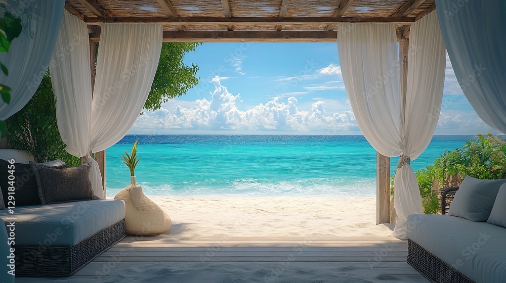 Fototapeta premium Luxurious beach cabana with flowing white curtains, overlooking turquoise water