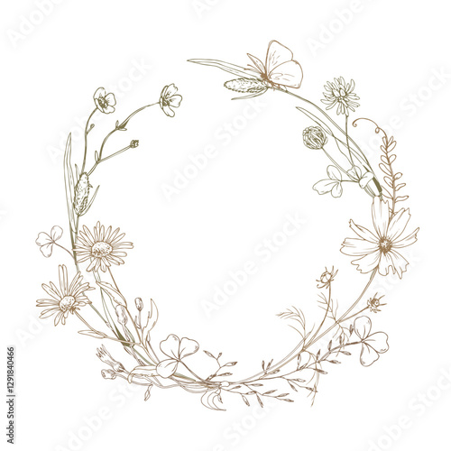 Field, meadow, wild flowers and herbs cosmos, chamomile and butterfly. Line art is a simple hand-drawn illustration in beige, ochre, brown ink. Circle wreath frame vector EPS