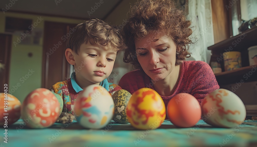 Fototapeta premium Mother, son, Easter eggs, home, family