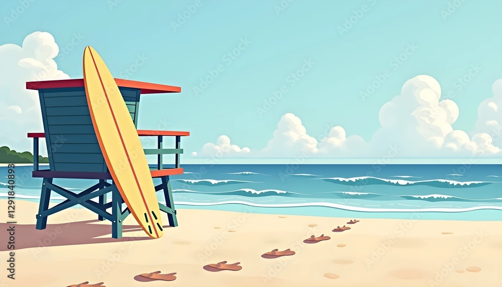 Lifeguard Tower with Surfboard and Footprints in the Sand Lifeguard Tower with Surfboard and Footprints in the Sand